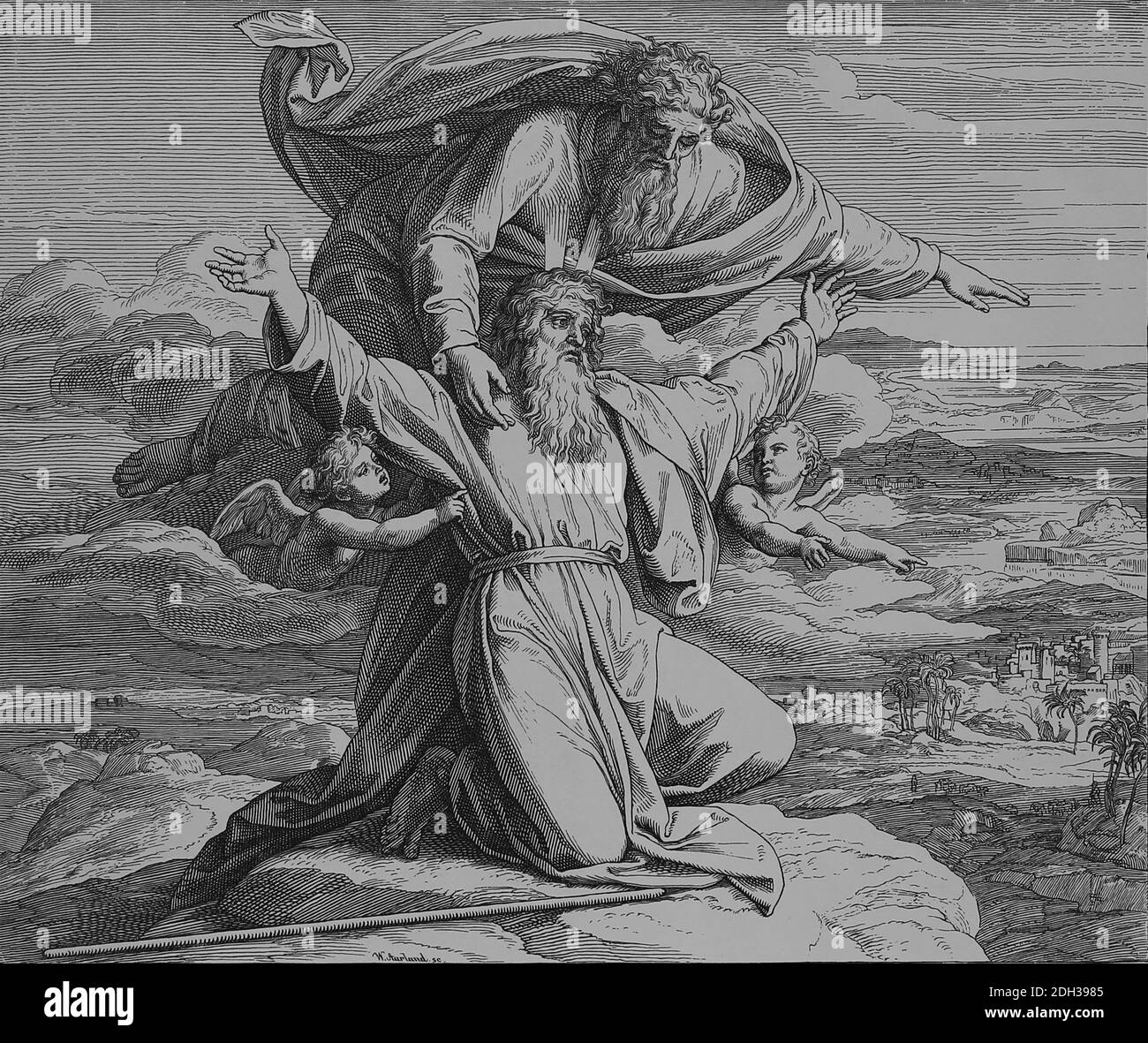 God shows Moses the promised land. Dueronomy; chapter 34. Engraving by Julius Schnorr von Carolsfeld (1794-1872). Stock Photo