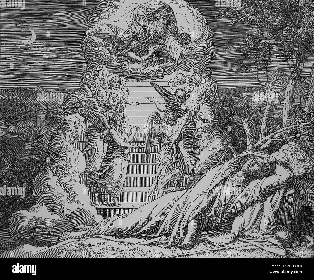 Old Testament. Genesis. Jacob's Dream. Genesis. Chapter 28.  Engraving by Julios Schorr von Carolsfeld (1794-1872). Stock Photo
