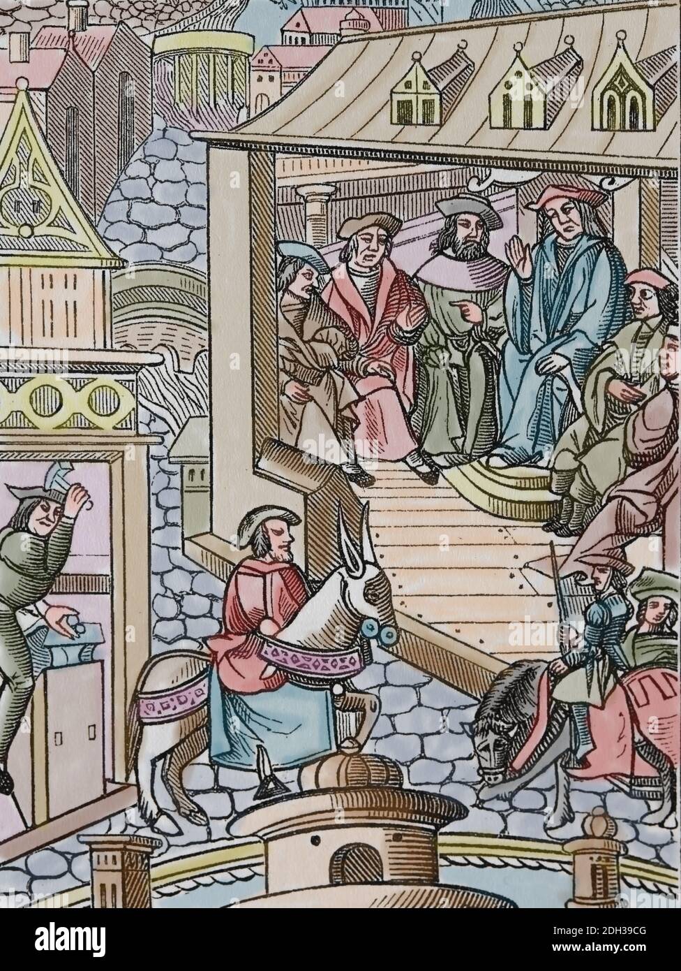 Medieval era. Life in the city. Trade, coining workshop and meeting city representatives. Engraving. Later colouration. Stock Photo