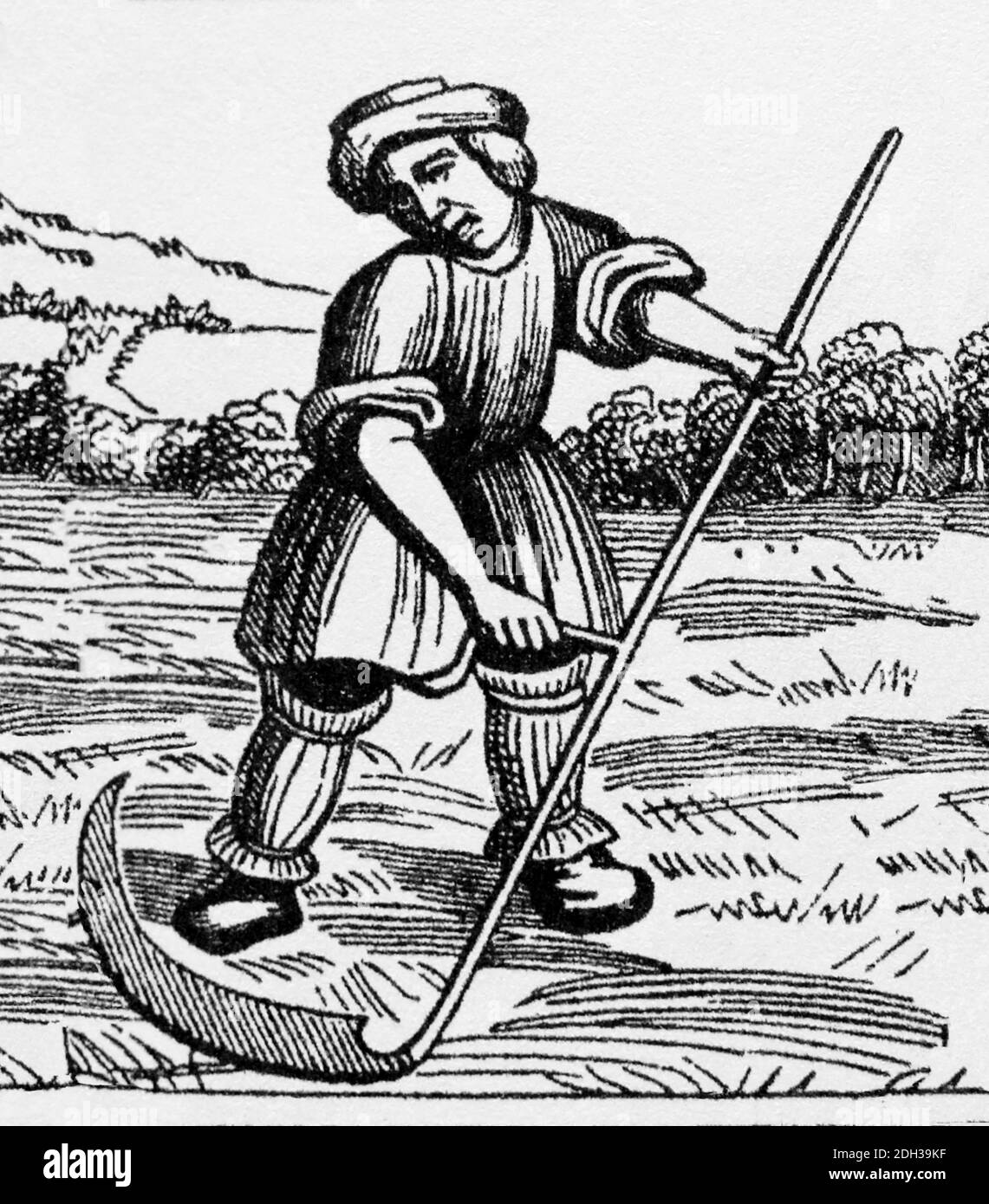 Europe. Feudalim. Peasant with scythe. Engraving. Later colouration. Stock Photo