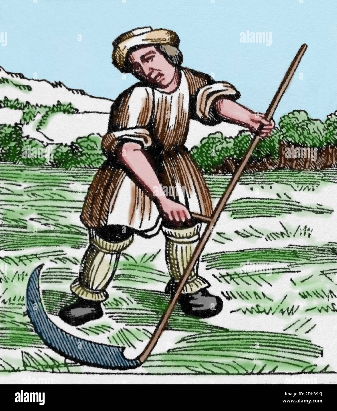 Europe. Feudalim. Peasant with scythe. Engraving. Later colouration. Stock Photo