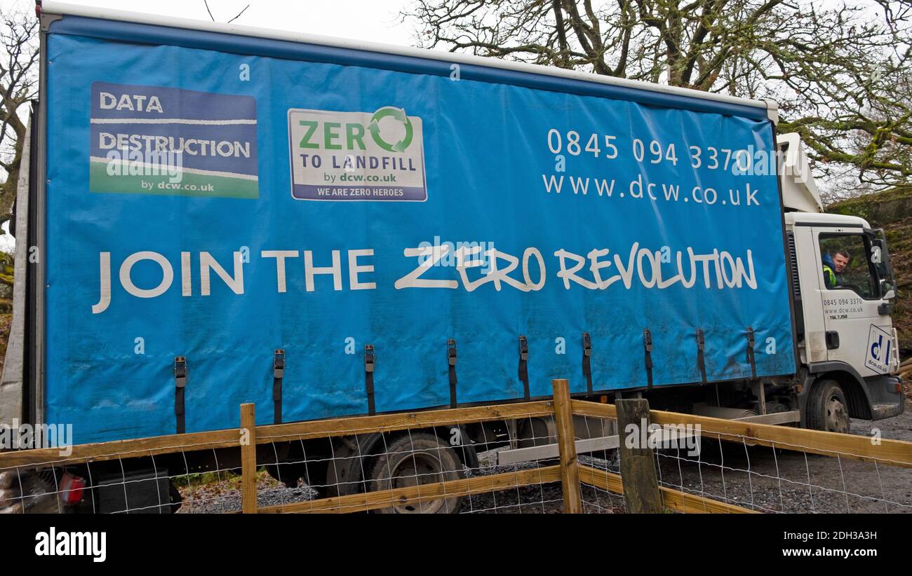 Data Destruction Join the Zero Revolution Zero to Landfill sign on the side of a delivery lorry in Carmarthenshire West Wales UK   KATHY DEWITT Stock Photo