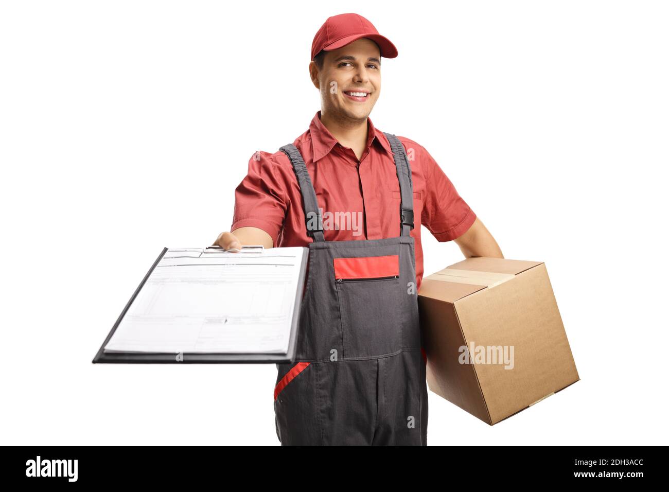 Delivery worker in a uniform holding a clipboard with invoice and a ...