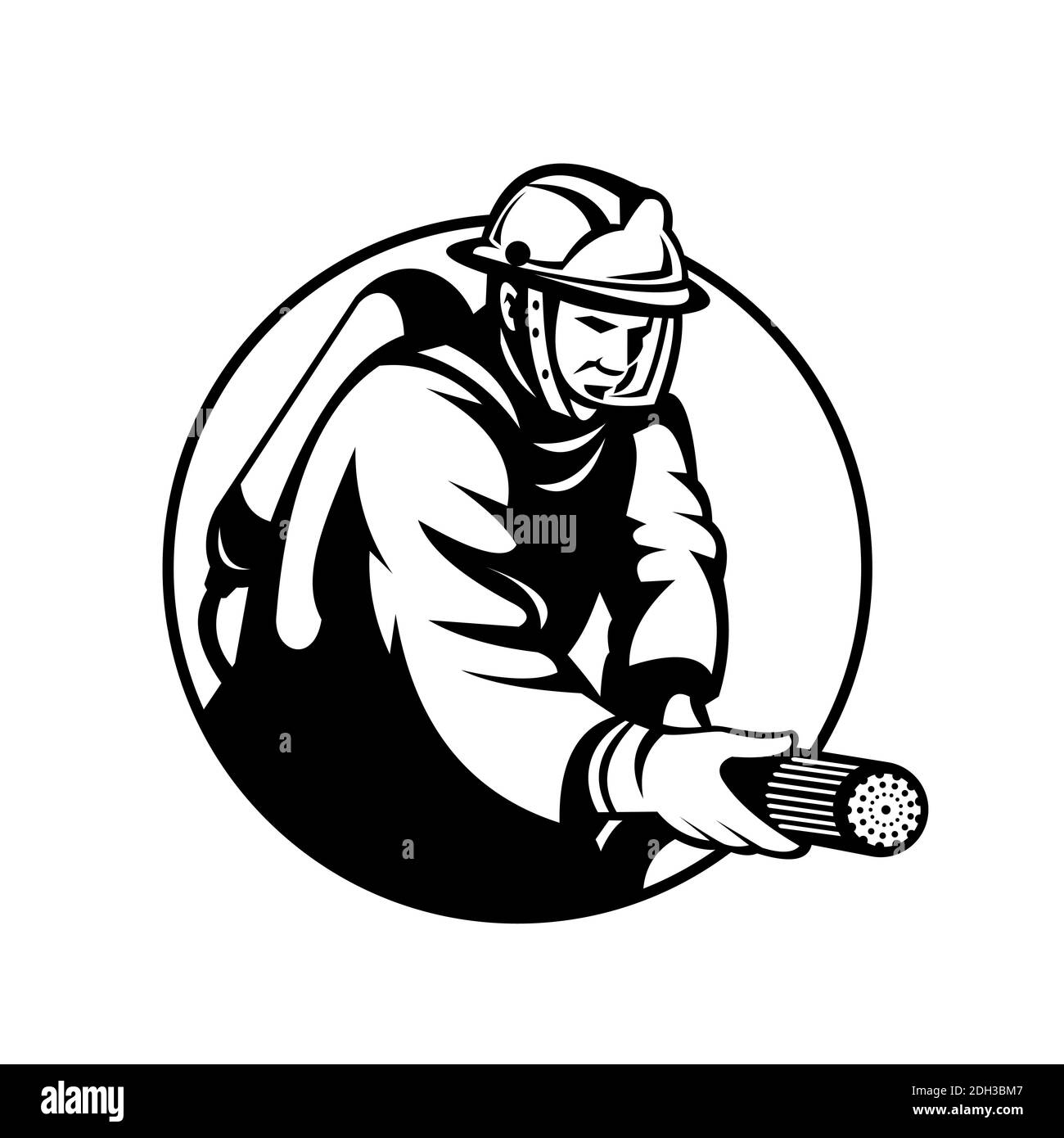 Firefighter Fireman First Responder Aiming Fire Hose Circle Retro Black ...