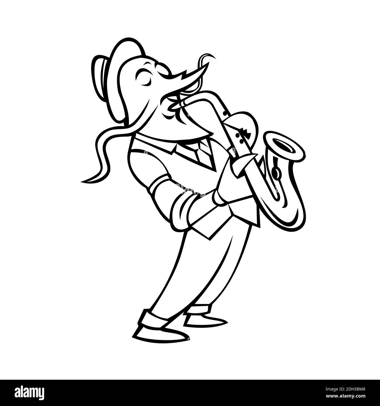 Crawfish Saxophone Player Mascot Black and White Stock Photo