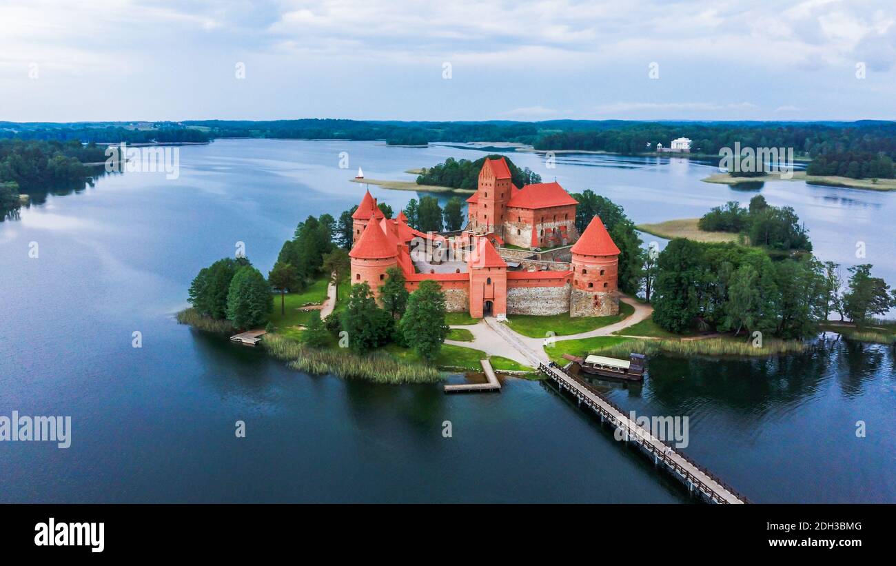 Trakai Island Castle in Lake Galve. Beautiful Drone View Stock Photo