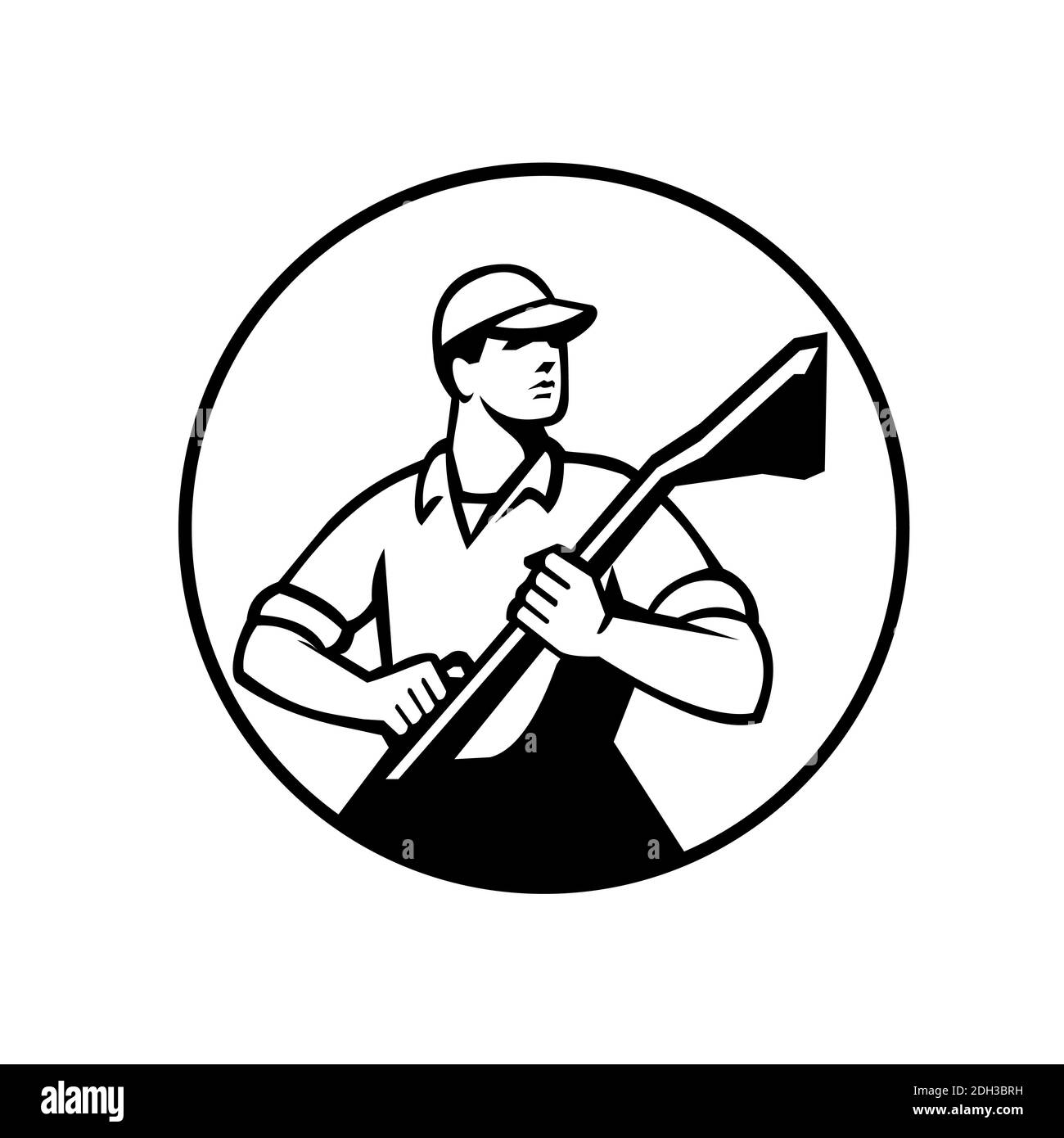 Professional Carpet Cleaner Holding a Vacuum Circle Retro Black and