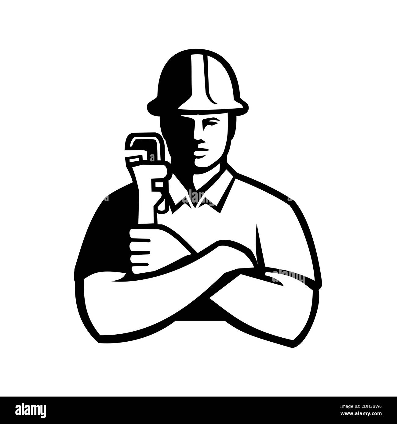 Pipefitter Holding Pipe Wrench Arms Folded Front View Black and White