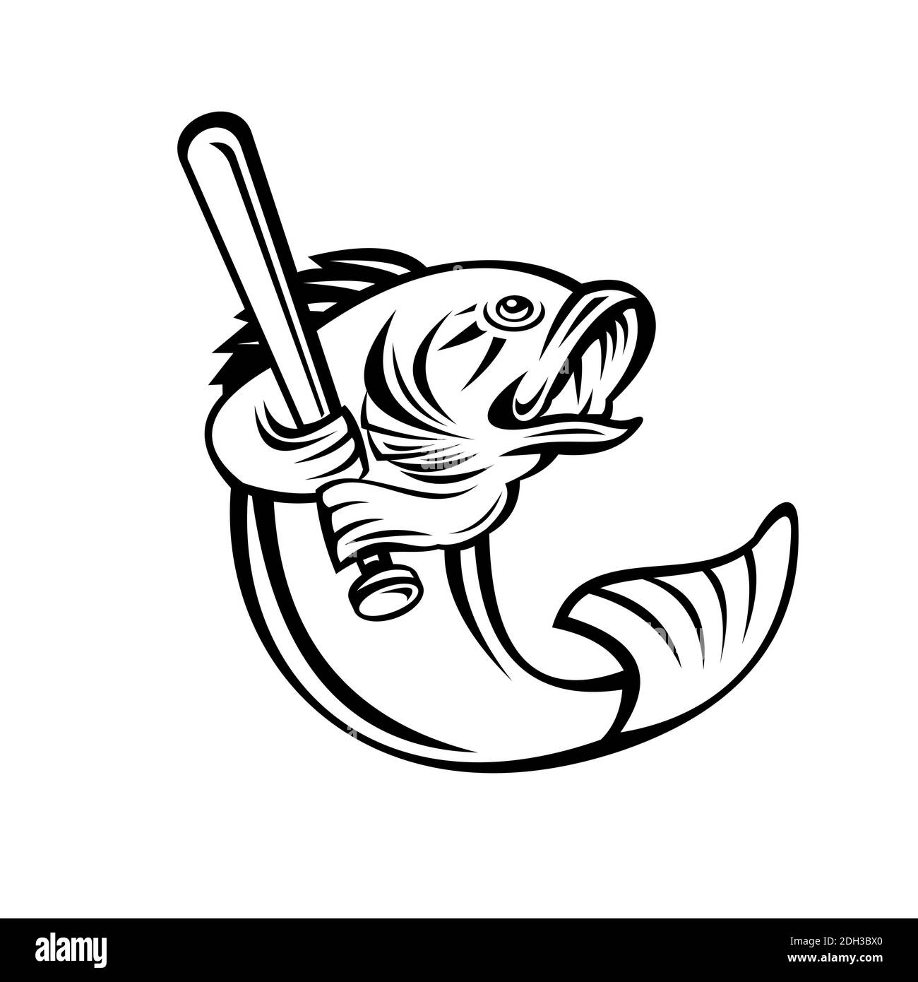 Largemouth Bass Baseball Player Batting Black and White Retro Stock