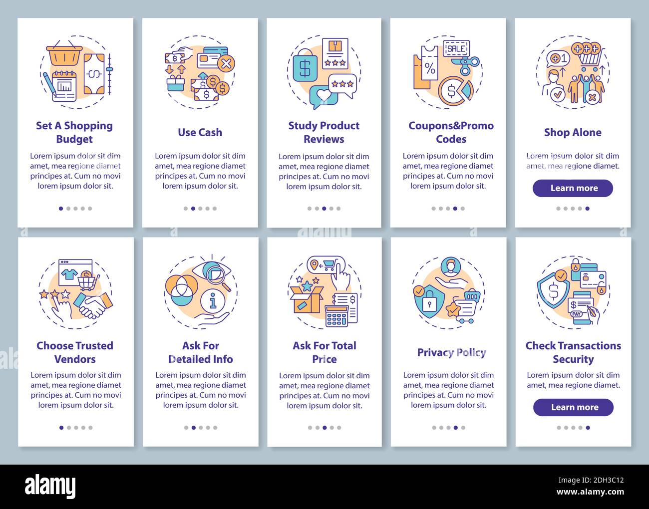 Smart shopping tips onboarding mobile app page screen with concepts set ...