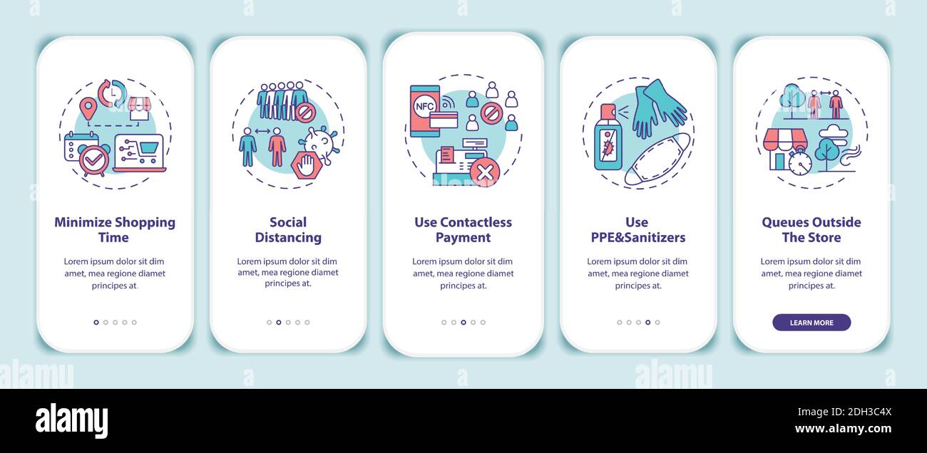 Safe shopping during Covid tips onboarding mobile app page screen with ...