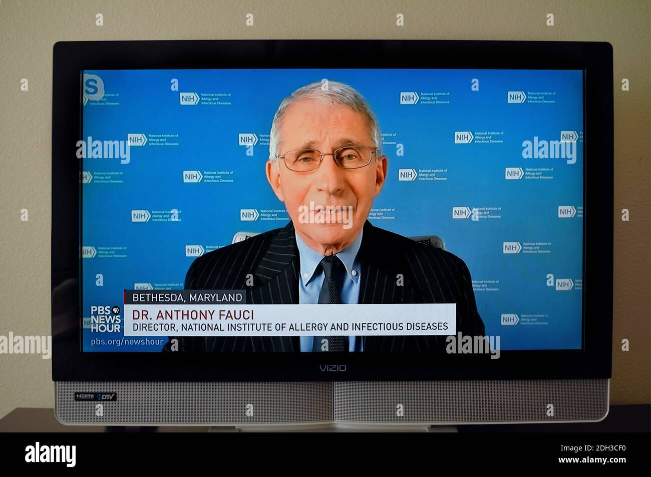 A television screen grab of Dr. Anthony Fauchi appearing on the PBS NewsHour daily news broadcast. Stock Photo