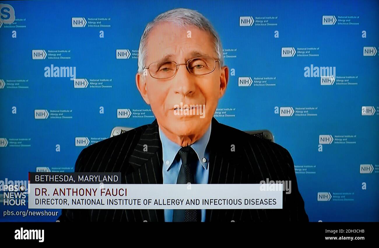 A television screen grab of Dr. Anthony Fauchi appearing on the PBS NewsHour daily news broadcast. Stock Photo