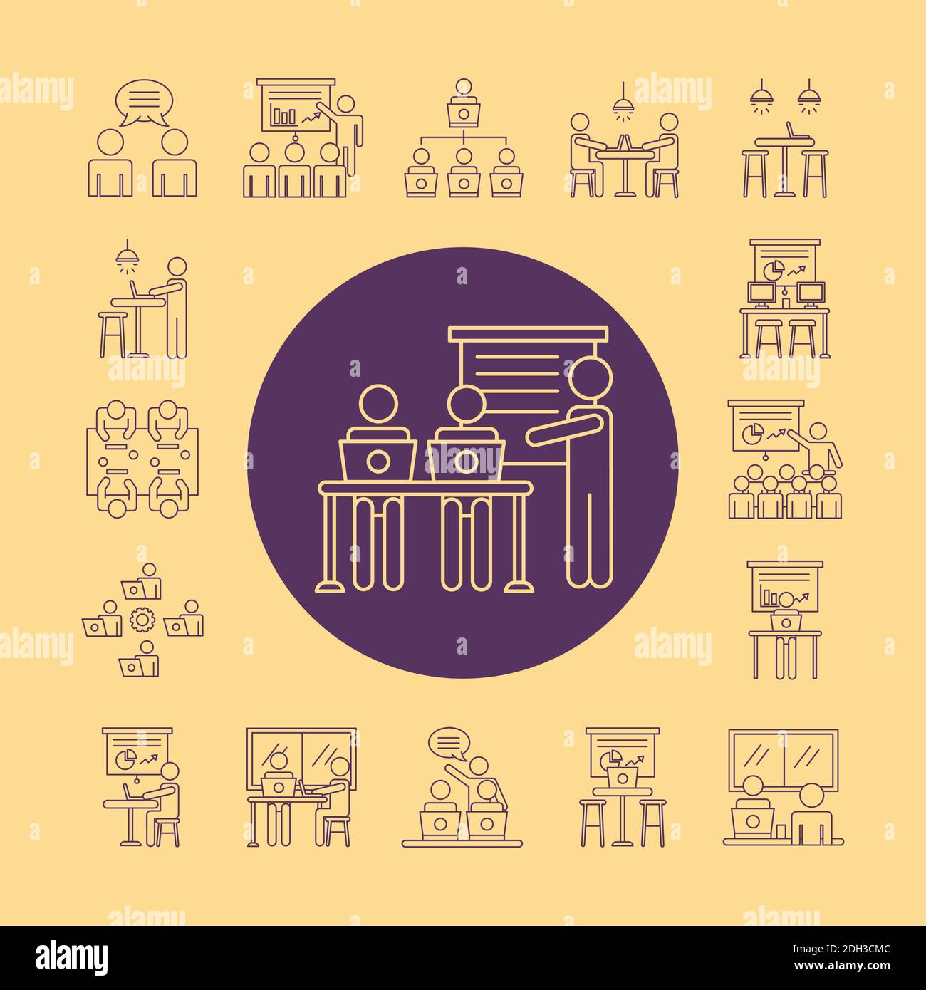 bundle of workers avatars coworking line style icons in yellow ...