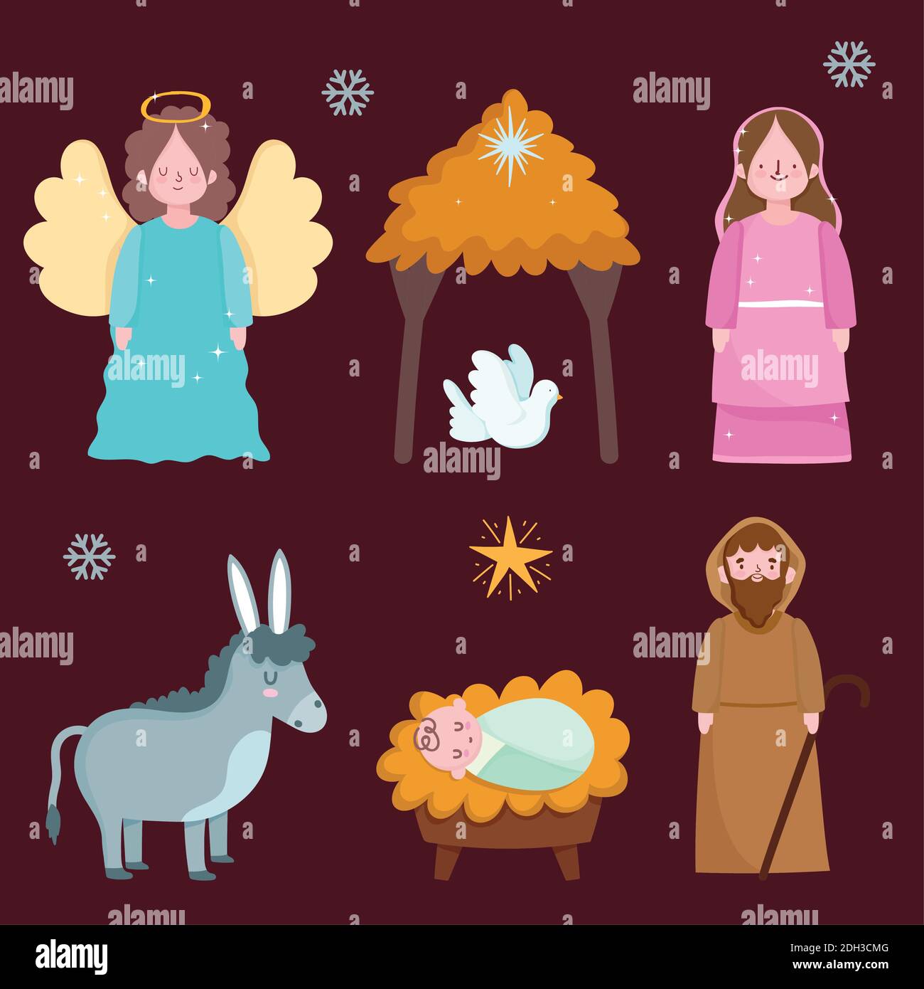 happy epiphany, holy mary jospeh baby jesus dove donkey and angel vector illustration Stock