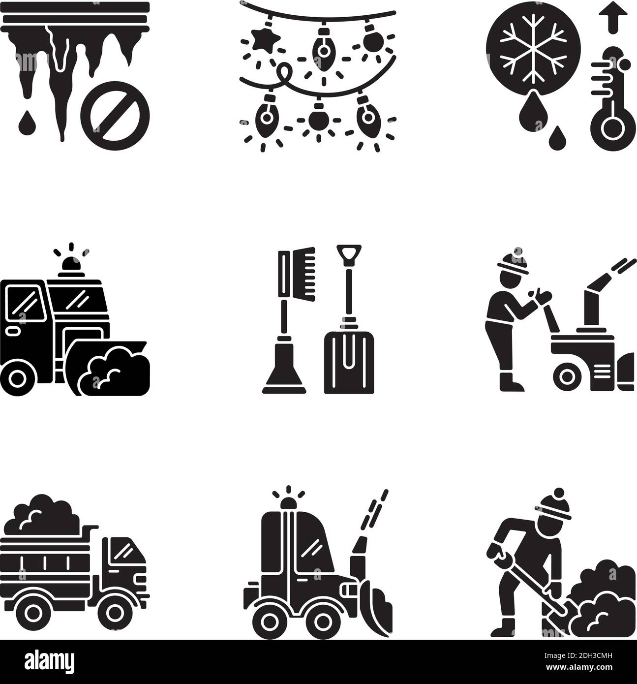 Winter city services black glyph icons set on white space Stock Vector