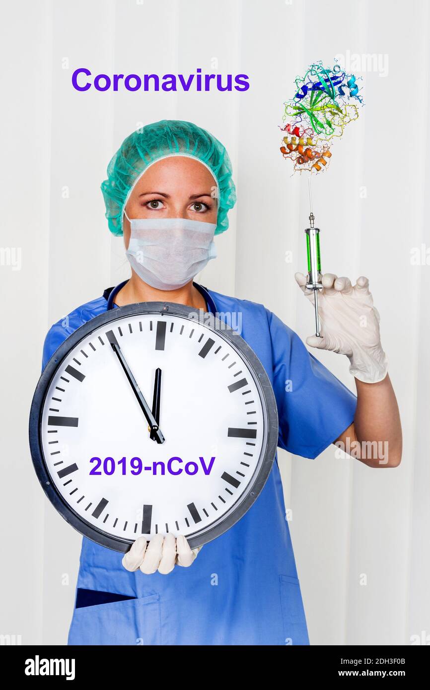 Ärztin mit Spritze und Corona-Virus, Wecker, 5 vor 12, Lebensgefahr, 2019-nCoV, Stock Photo