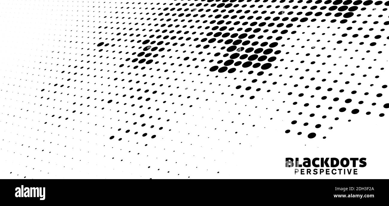 Black and white abstract halftone background with perspective dots. Simple vector graphic