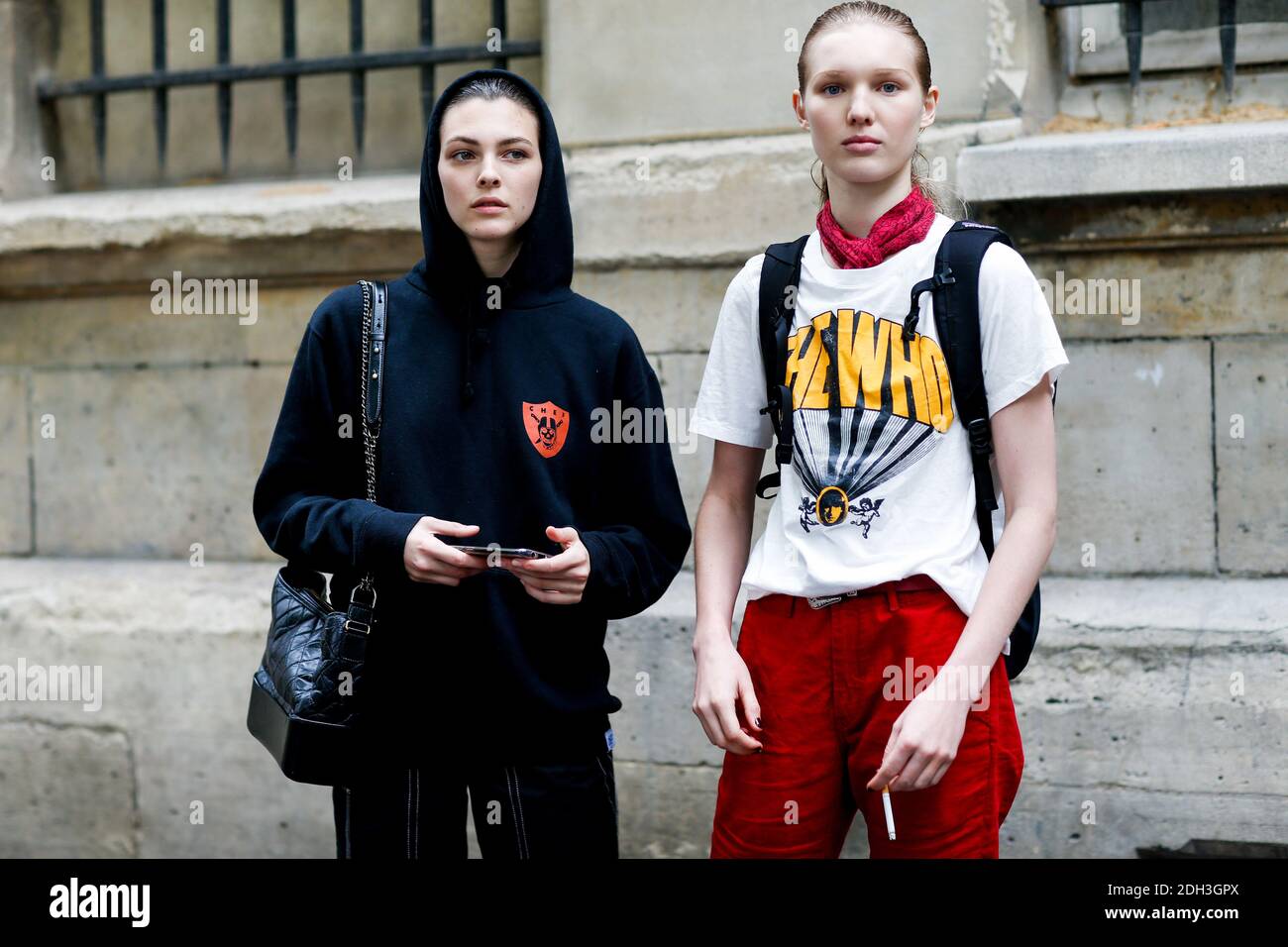 Street style, models Vittoria Ceretti and Jess PW after Proenza Schouler  Fall-Winter 2017-2018 Haute Couture show held at Lycee Jacques Decour, in  Paris, France, on July 2, 2017. Photo by Marie-Paola  Bertrand-Hillion/ABACAPRESS.COM