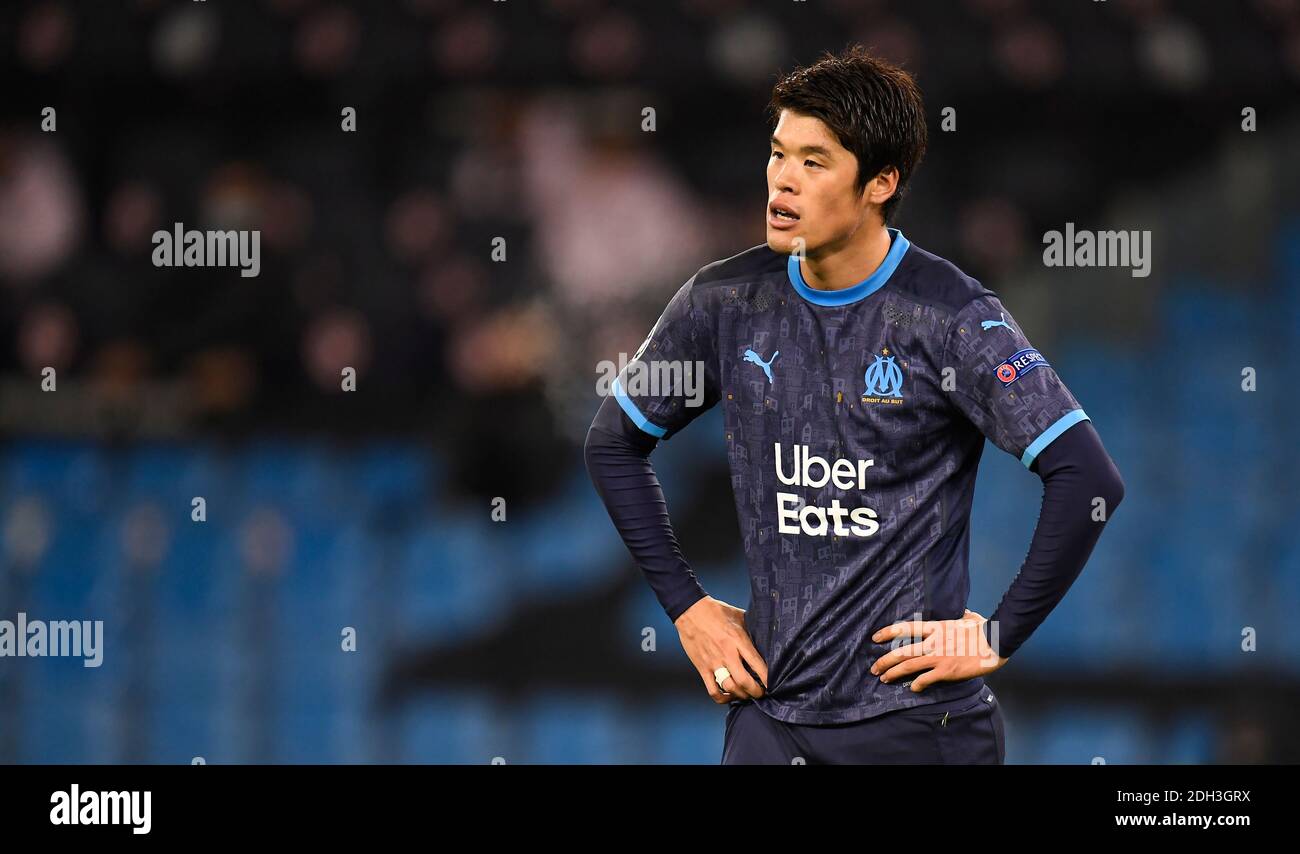 Marseille's Hiroki Sakai appears dejected during the Champions League match at the Etihad Stadium, Manchester. Stock Photo