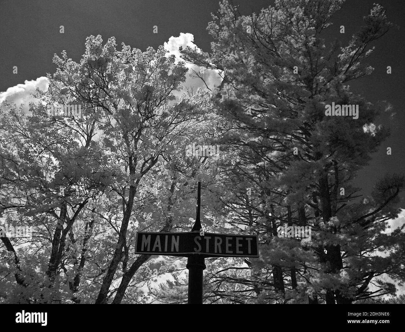 Infrared photo of a Main Street sign. Stock Photo