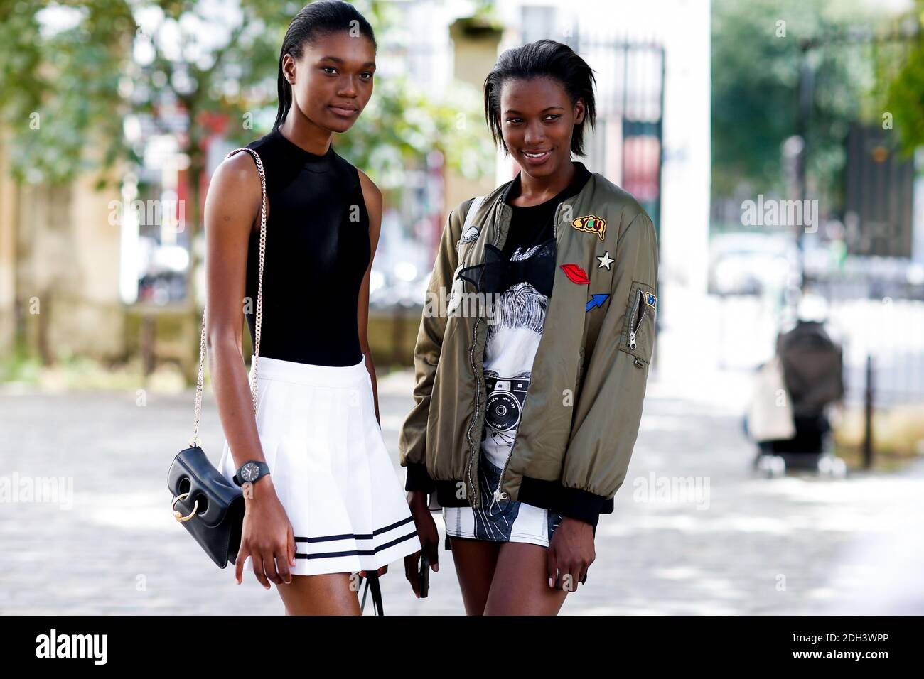 Street style, models Naki Depass and Kai Newman after Viktor and Rolf  Fall-Winter 2017-2018 Haute Couture show held at Musee d Histoire  Naturelle, Jardin des Plantes, in Paris, France, on July 5,