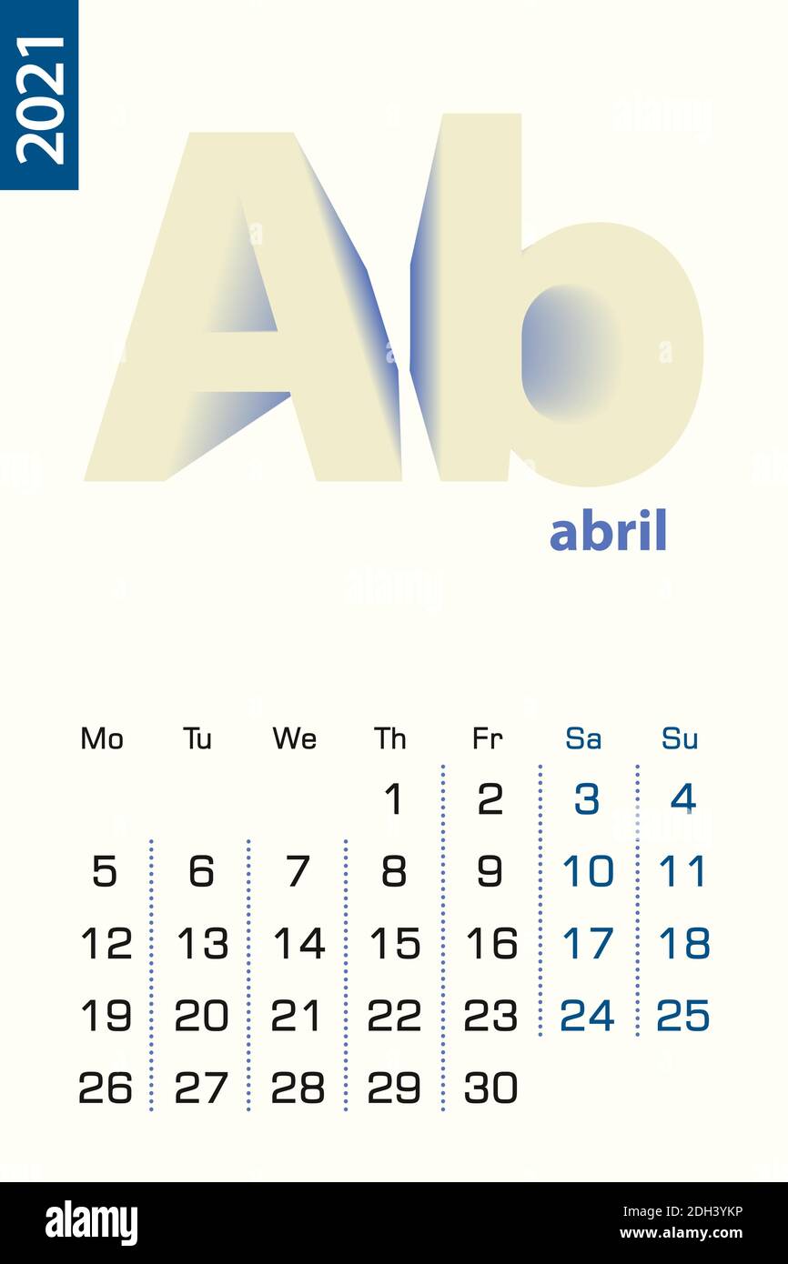 Minimalist calendar template for April 2021, vector calendar in Spanish language. Vector calendar for 2021. Stock Vector