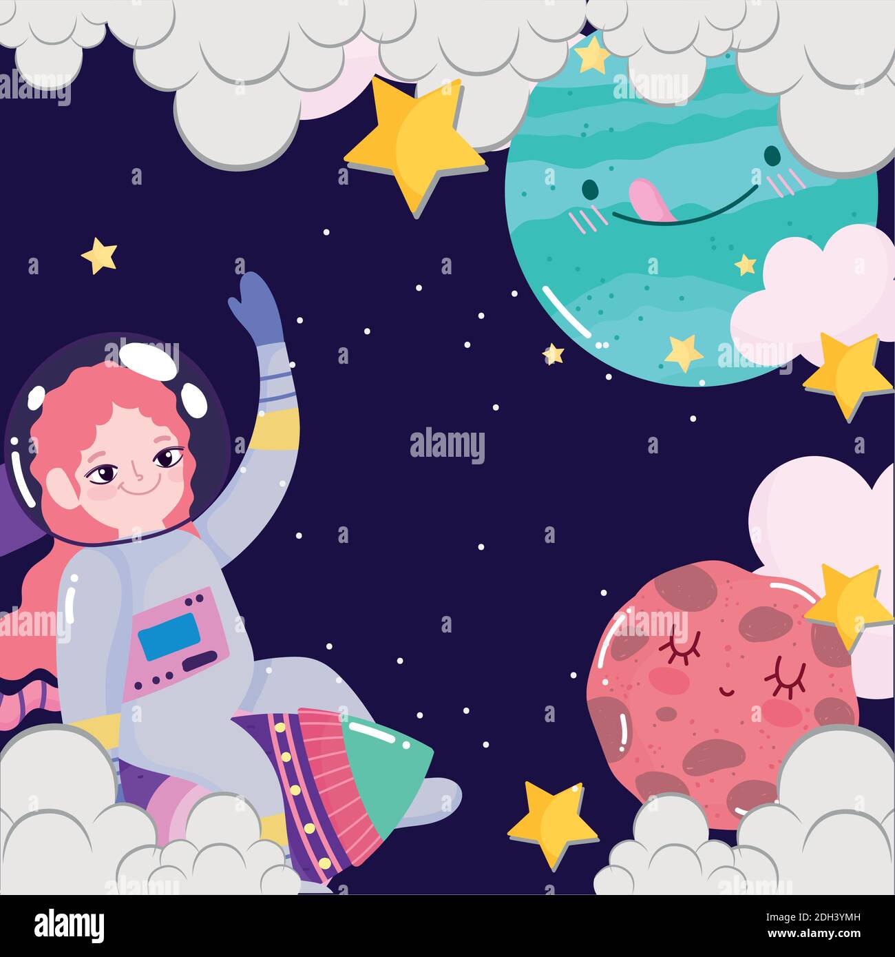 space astronaut girl in rocket planets clouds stars galaxy cute cartoon ...
