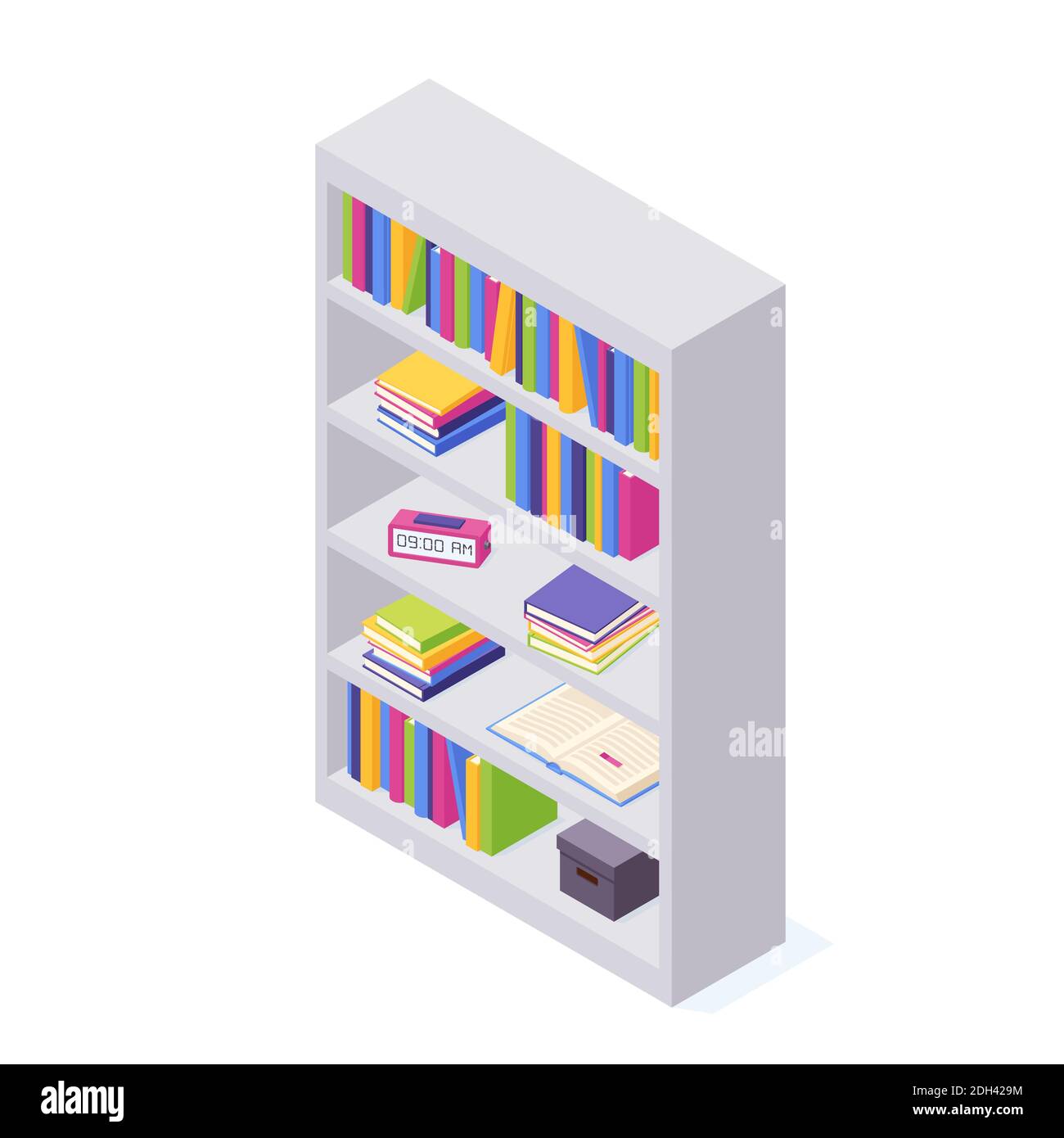 Books on shelf in isometric vector illustration. Stock Vector
