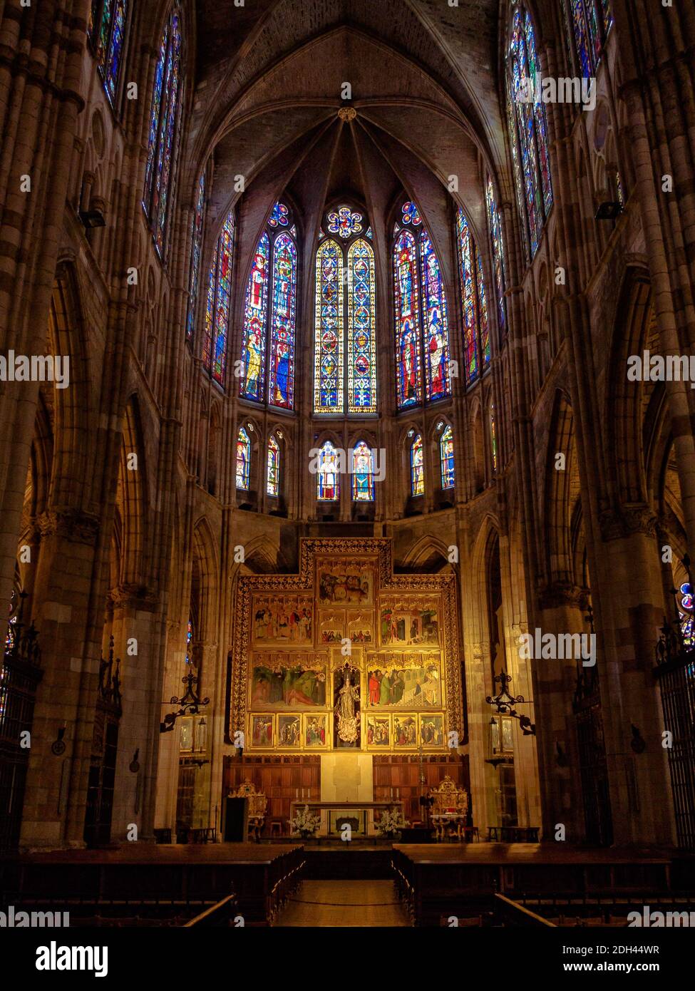 Main altar in the semicircular apse of the Santa Maria de Leon Cathedral - Leon, Castile and Leon, Spain Stock Photo