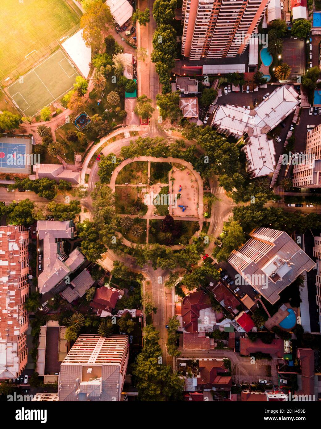 Overhead view from the drone in Santiago, Chile with a beautiful sunset Stock Photo