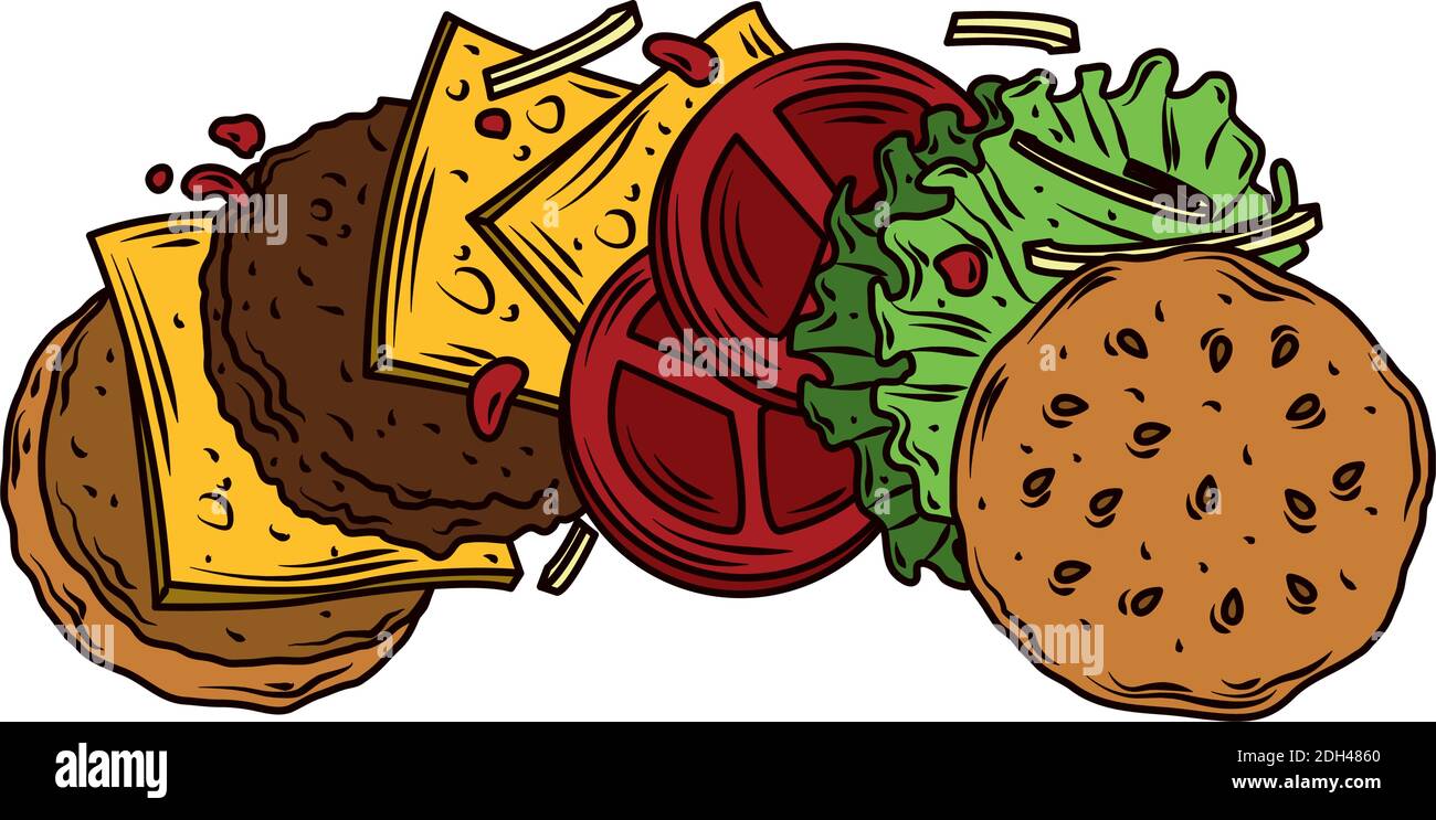 tasty burger layers, tomatoes cheese lettuce and breads, fast food ...