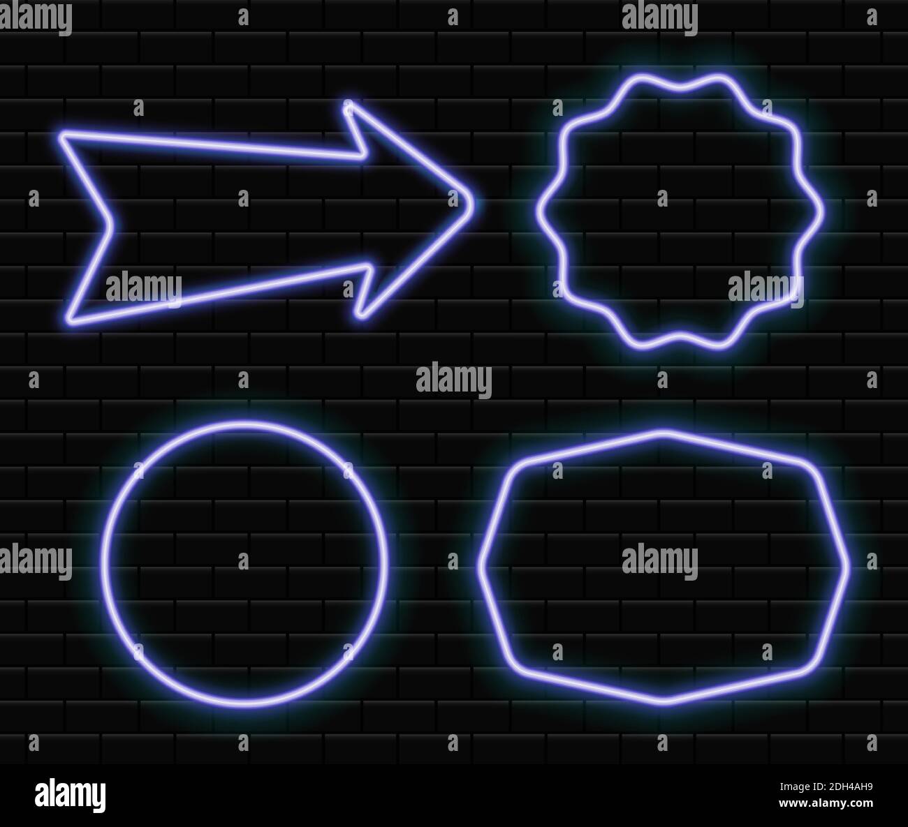 Set of glowing neon frames on wall brick background Stock Vector