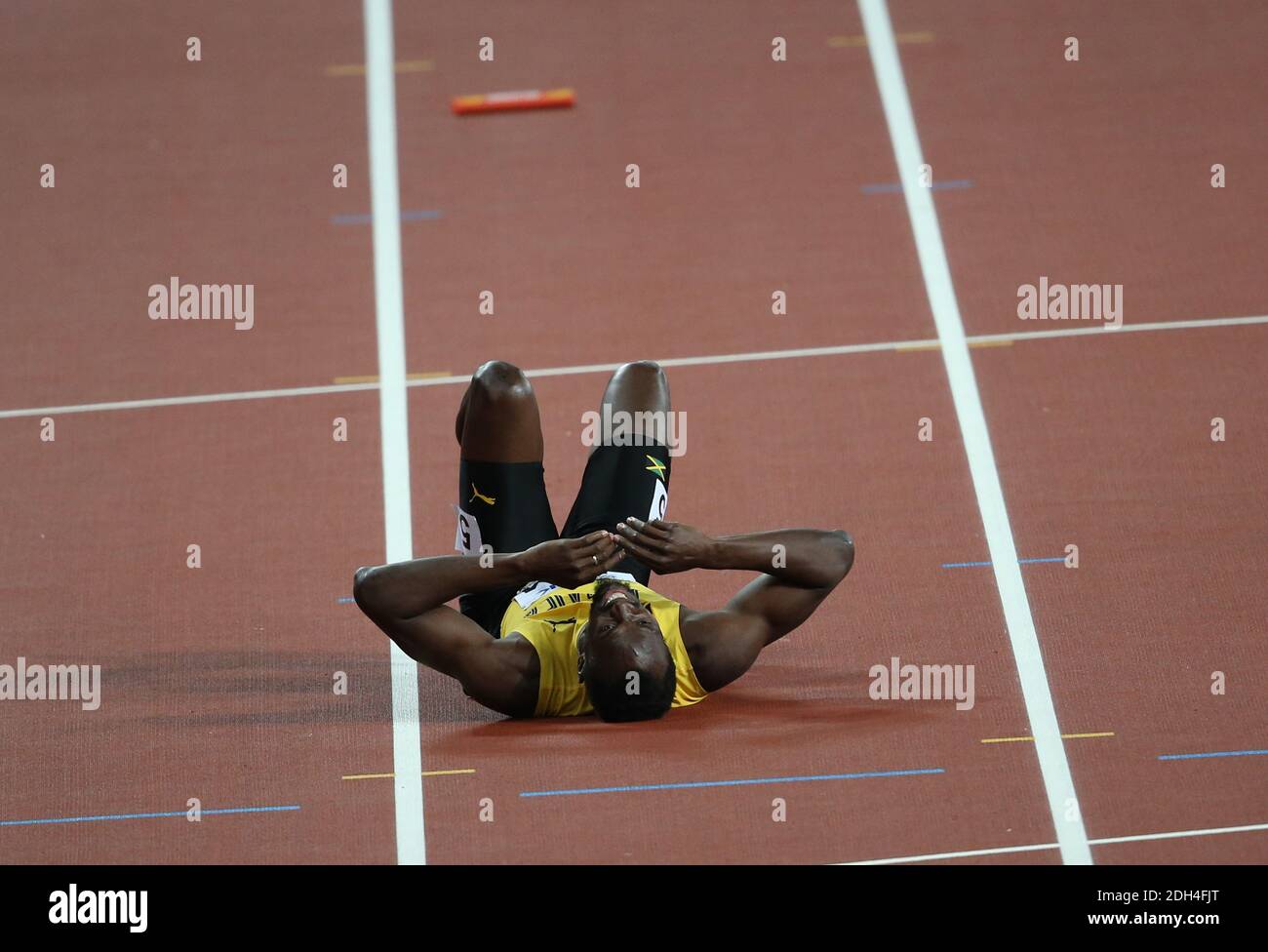 Usain Bolt of Jamaica gets injured in the lest leg of the 4x100 m. final during the day nine of the 2017 IAAF World Championships at the London Stadium in London, UK, on Saturday August 12, 2017. Photo by Giuliano Bevilacqua/ABACAPRESS.COM Stock Photo