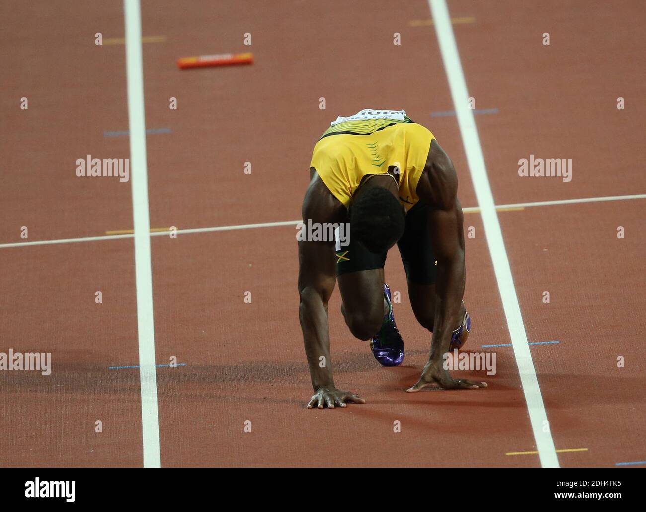 Usain Bolt of Jamaica gets injured in the lest leg of the 4x100 m. final during the day nine of the 2017 IAAF World Championships at the London Stadium in London, UK, on Saturday August 12, 2017. Photo by Giuliano Bevilacqua/ABACAPRESS.COM Stock Photo