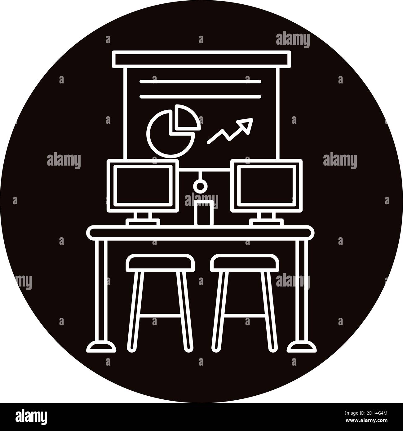 work place coworking with statistics and desktops line style icon ...