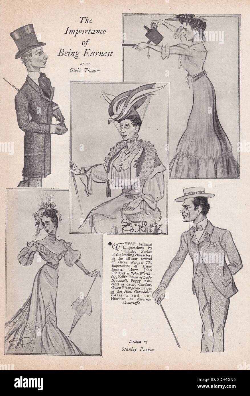 Vintage illustrations by Stanley Parker of the play 'The Importance of Being Earnest' at the Globe Theatre 1939. Stock Photo