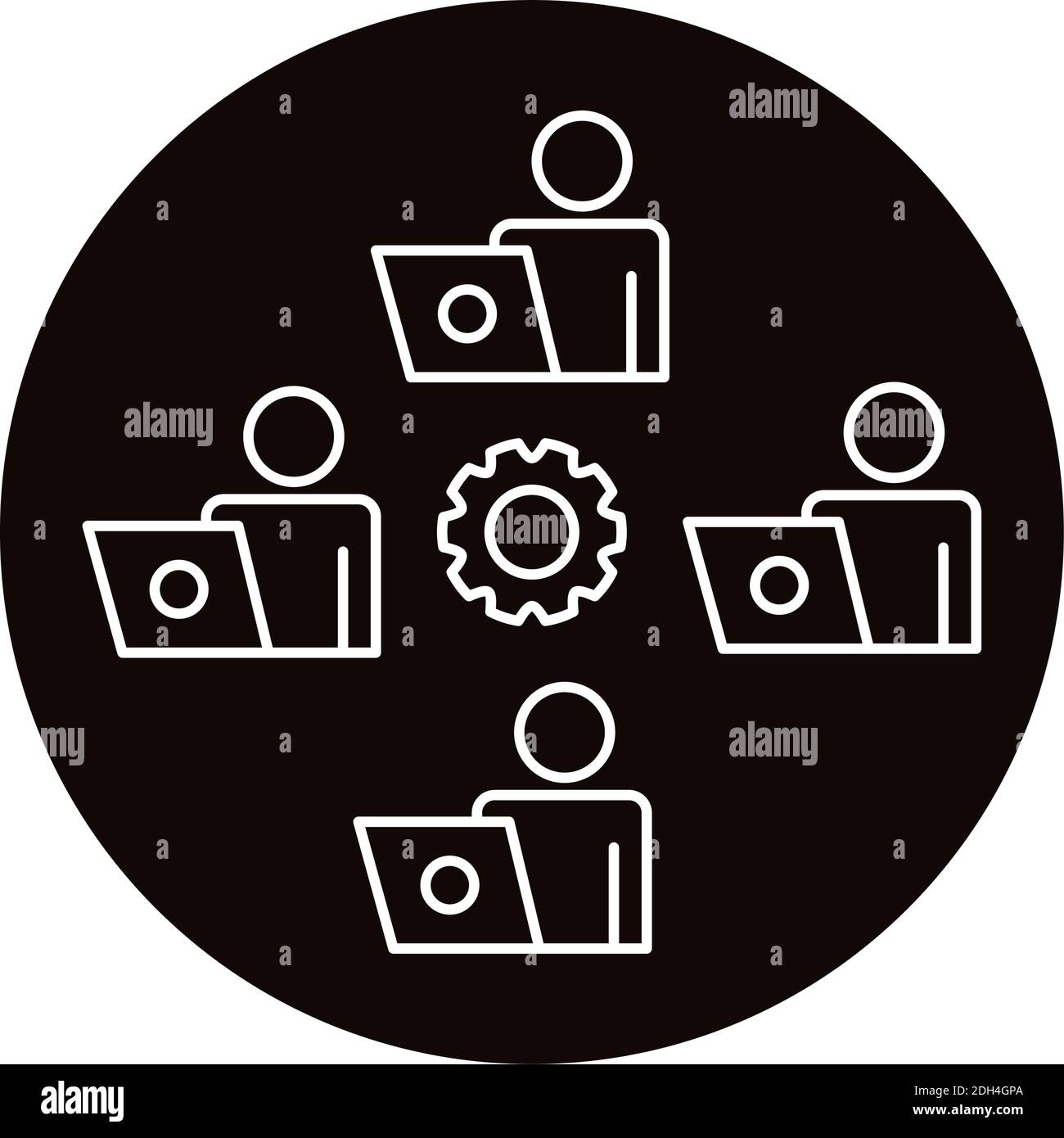 four workers with laptops and gear coworking line style icon vector ...