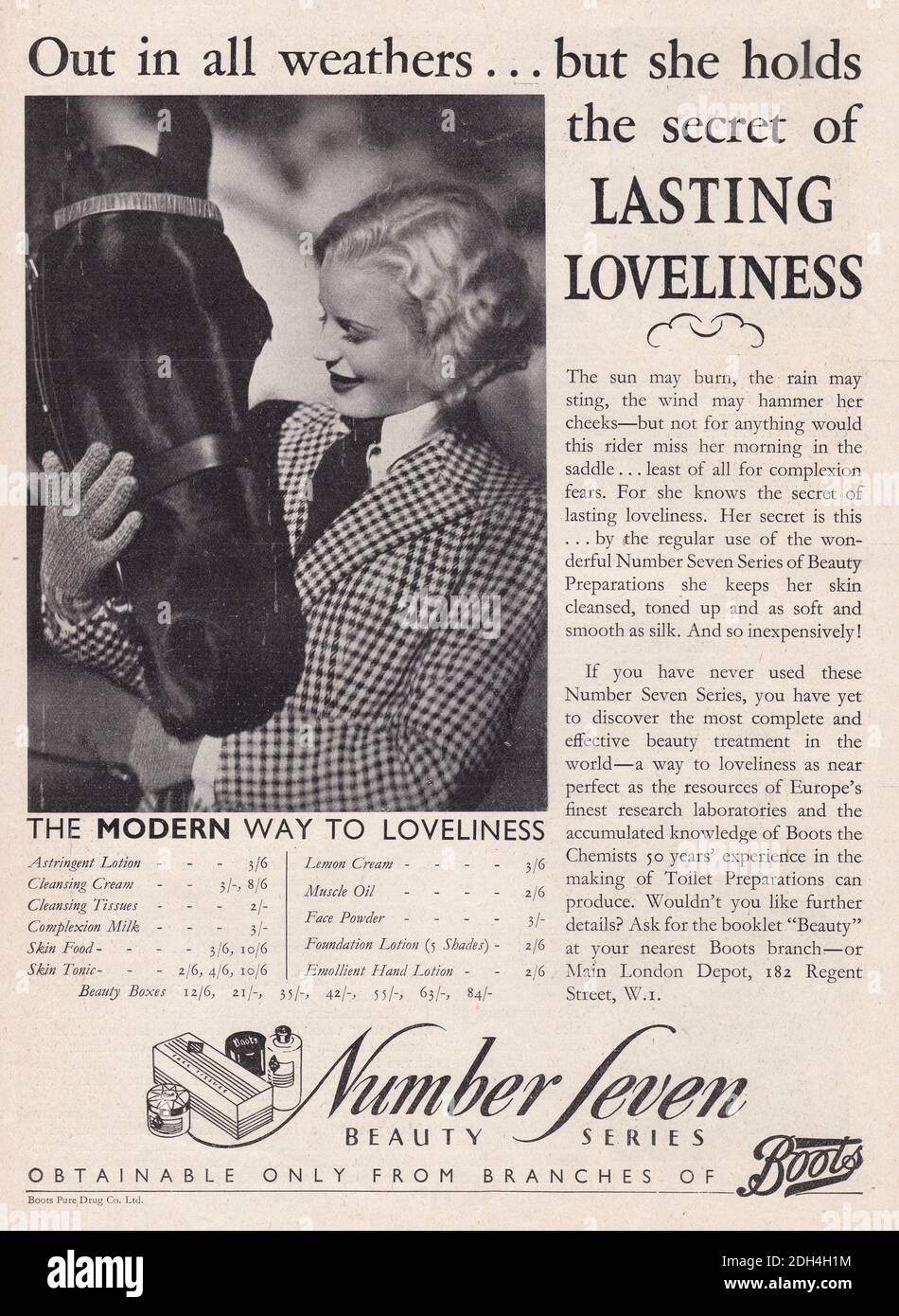 Vintage 1930s advert for Boots Number 7 make up and skincare Stock