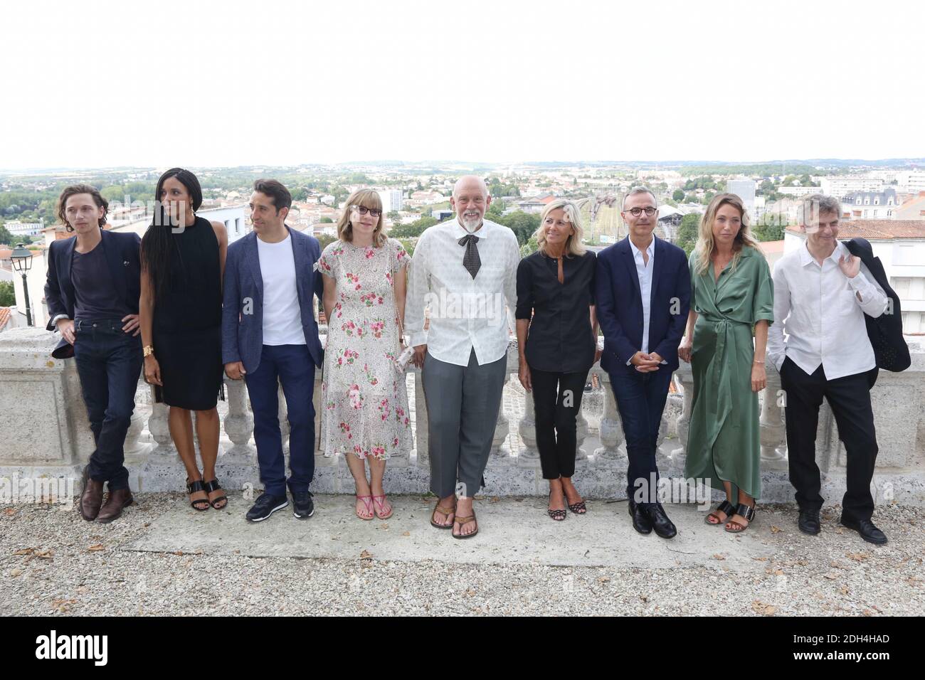 Singer Raphael, actress Stefi Celma, editorial manager at 'Canal Plus Cinema' Ivan Guyot, producer Denise Robert, President of the Jury John Malkovich, journalist Claire Chazal, writer Philippe Besson, actress Laura Smet and director Lucas Belvaux pose for the Jury photocall as part of the 10th Angouleme Film Festival in Angouleme, France on August 22, 2017. Photo by Jerome Domine/ABACAPRESS.COM Stock Photo