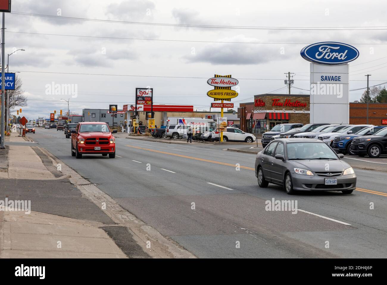 A retail strip along the Trans-Canada Highway in Sturgeon Falls, West Nipissing, Nipissing District, Ontario, Canada. Stock Photo