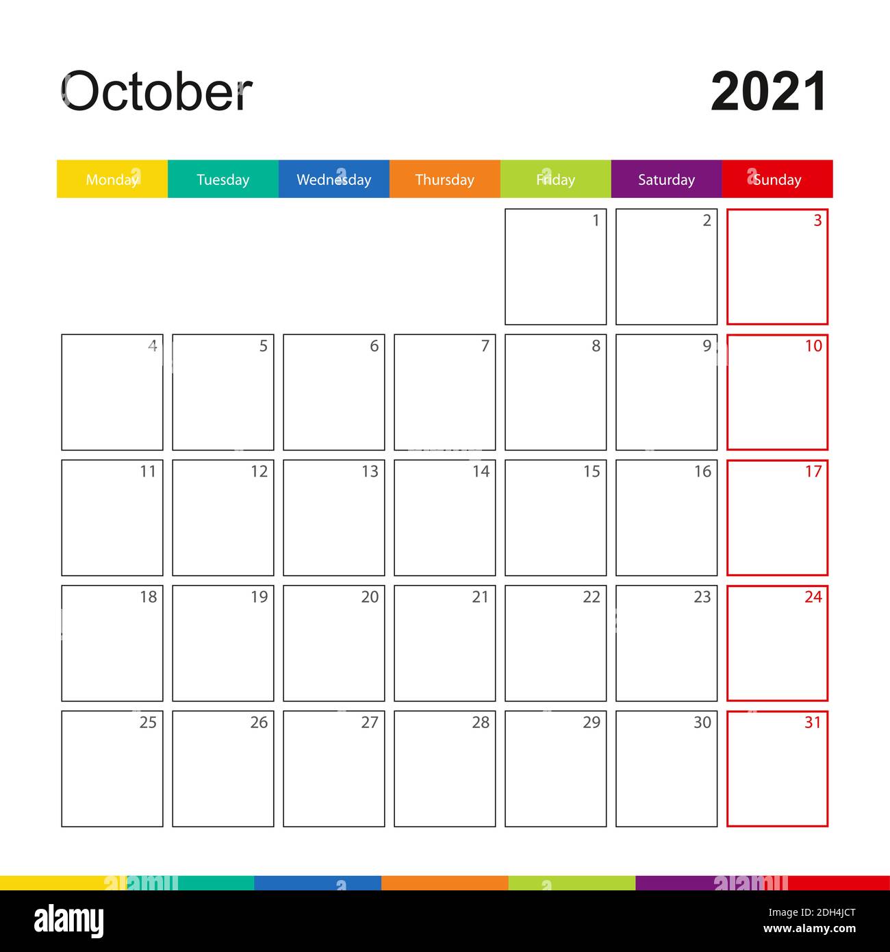 October 2021 colorful wall calendar, week starts on Monday. 2021 Calendar template. Stock Vector