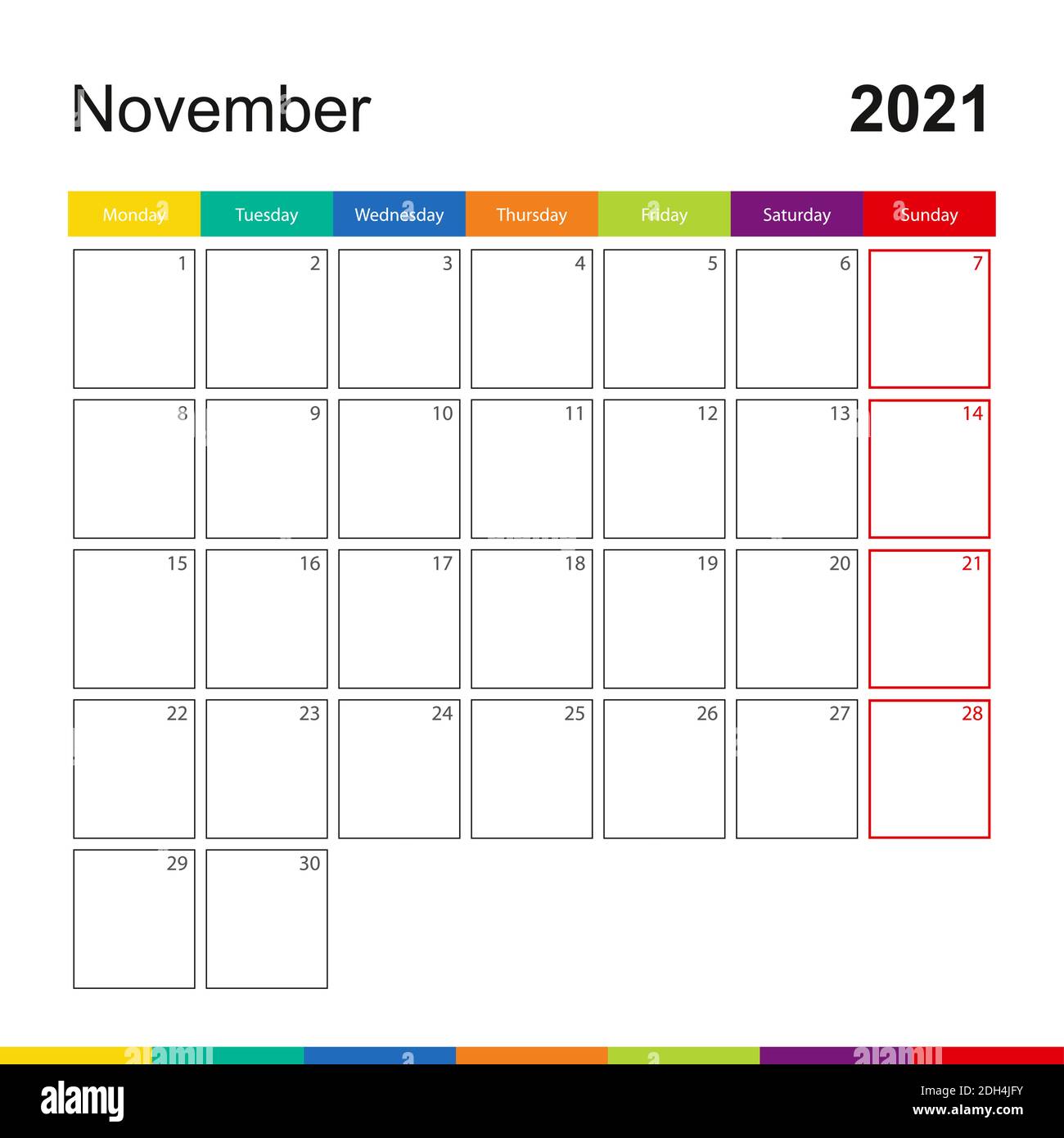 November 2021 colorful wall calendar, week starts on Monday. 2021 Calendar  template Stock Vector Image & Art - Alamy