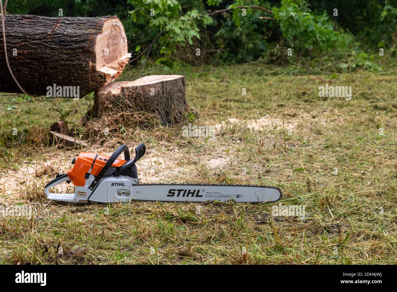 Flint, Michigan - A chain saw used by workers from the Michigan Grounds Crew, who participated in a community cleanup of vacant lots. Stock Photo