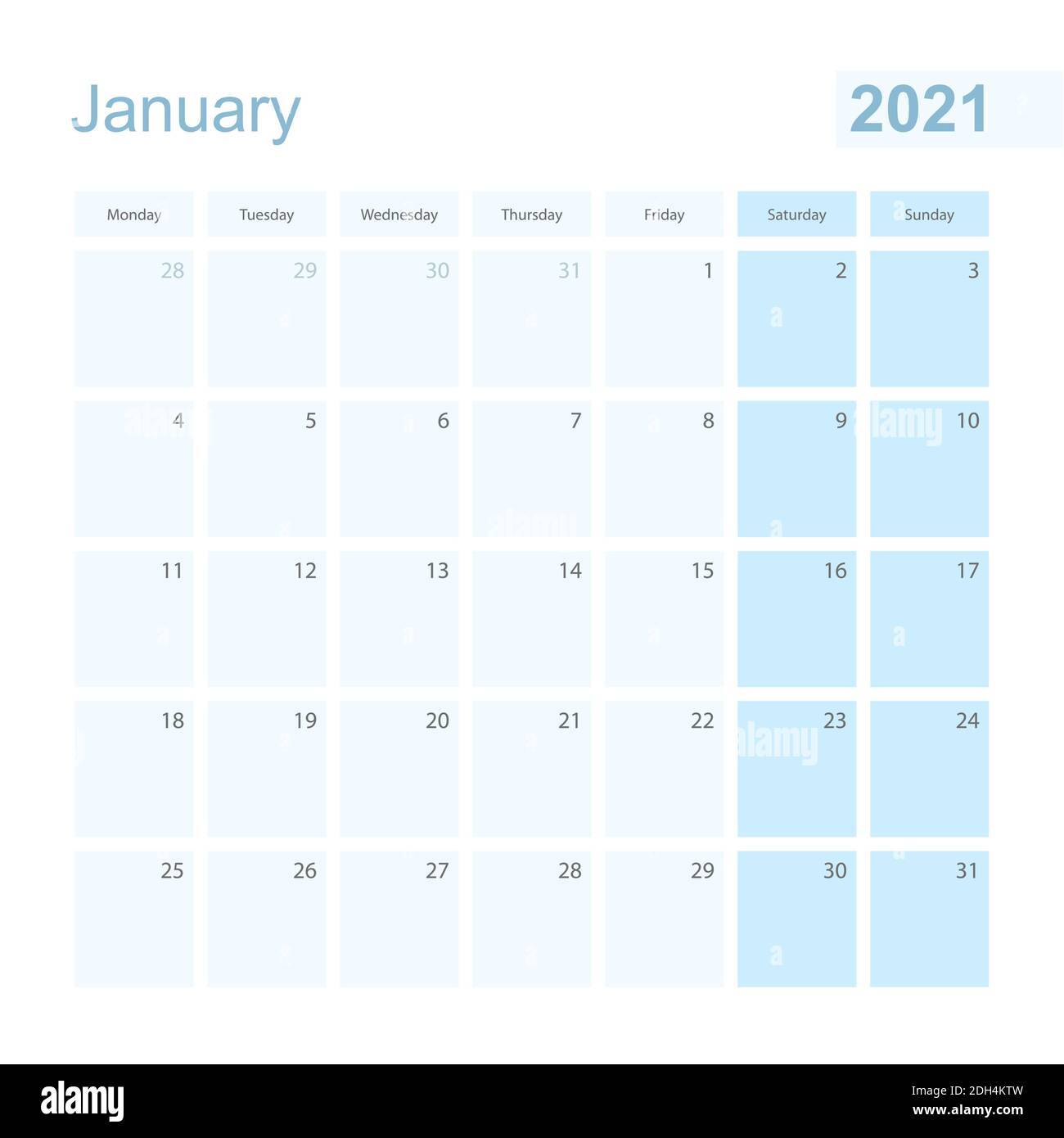 2021 January wall planner in blue pastel color, week starts on Monday. Calendar for January 2021 with blue square and with day of previous and next mo Stock Vector