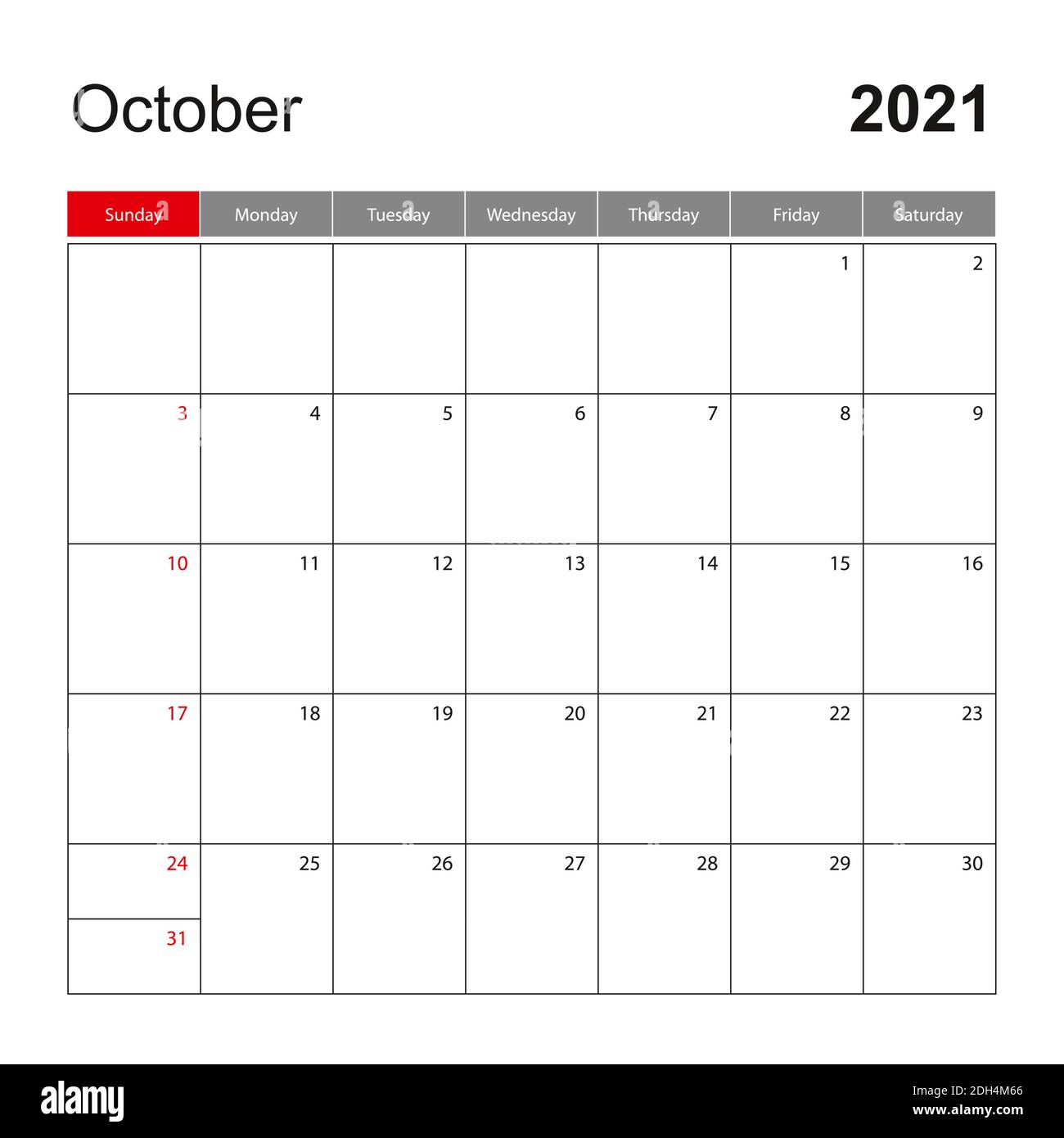 Wall calendar template for October 2021. Holiday and event planner, week starts on Sunday. Vector template. Stock Vector