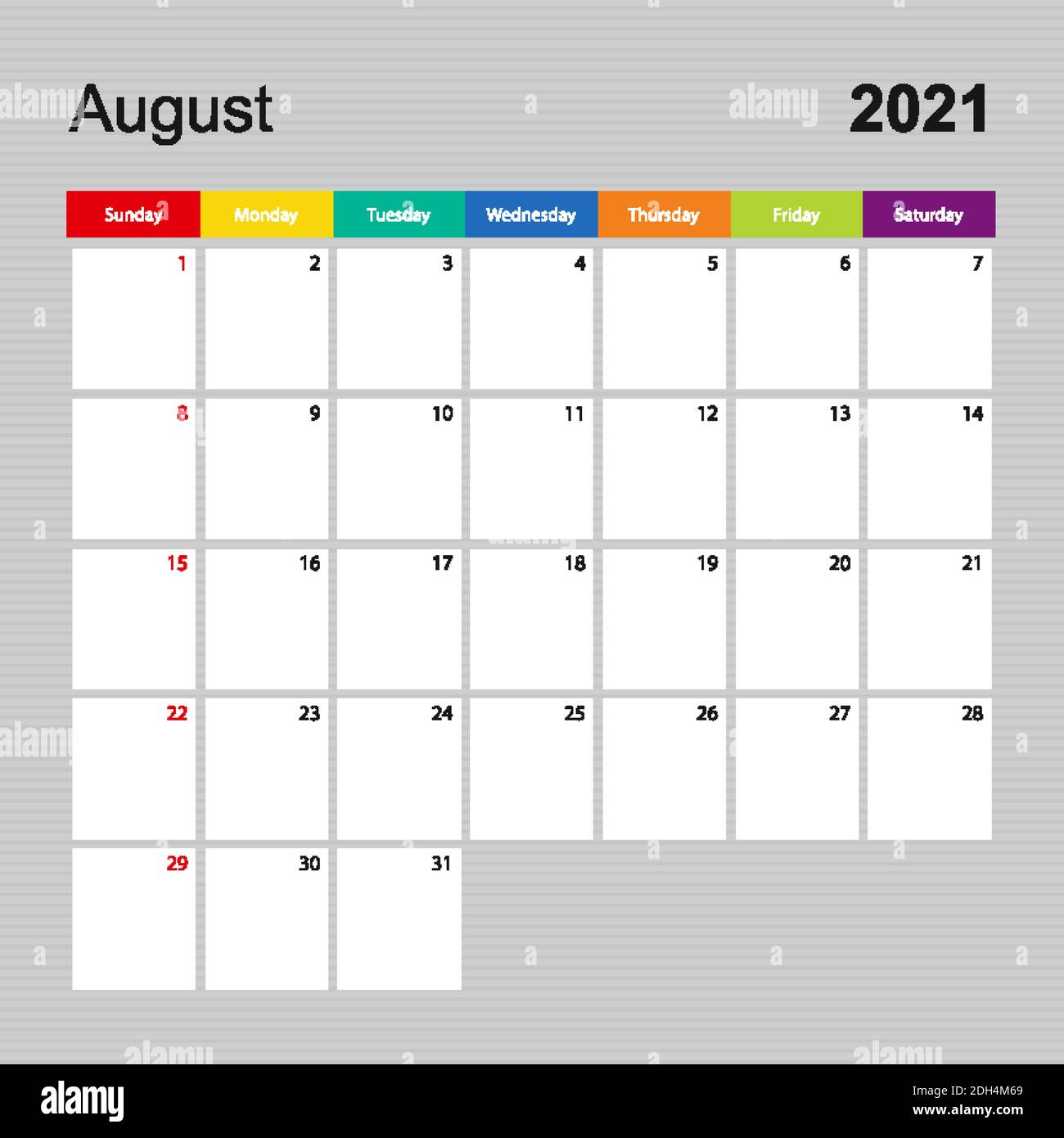 Сalendar page for August 2021, wall planner with colorful design. Week ...