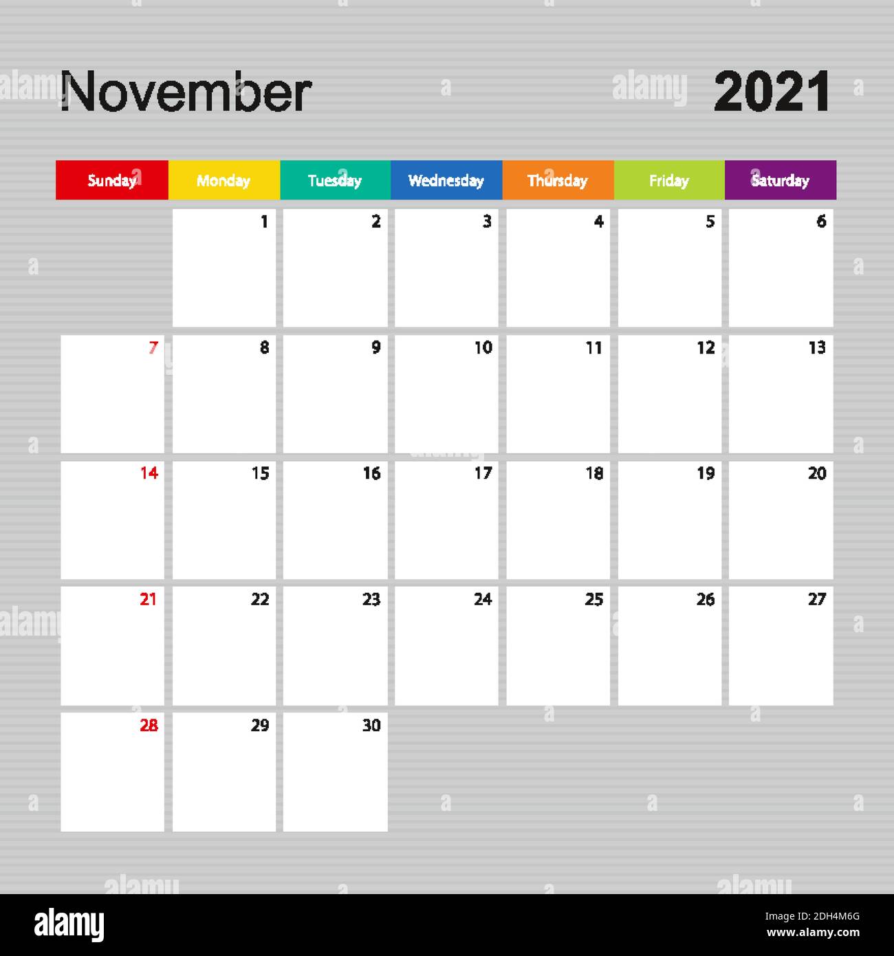 Сalendar page for November 2021, wall planner with colorful design. Week  starts on Sunday. Vector calendar template Stock Vector Image & Art - Alamy