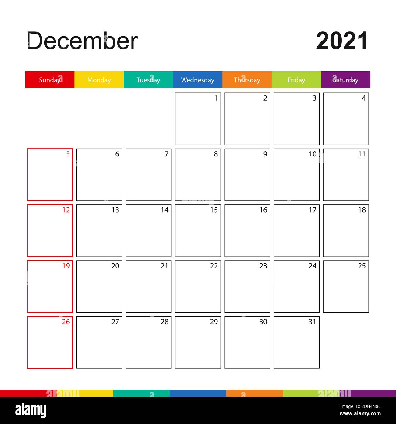 December 21 Colorful Wall Calendar Week Starts On Sunday 21 Calendar Template Stock Vector Image Art Alamy