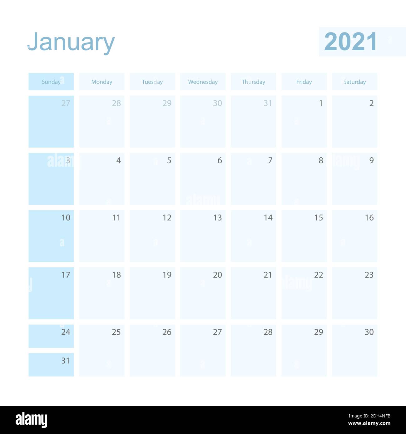 2021 January wall planner in blue color, week starts on Sunday. Calendar for January 2021 with day of previous and next month. Stock Vector